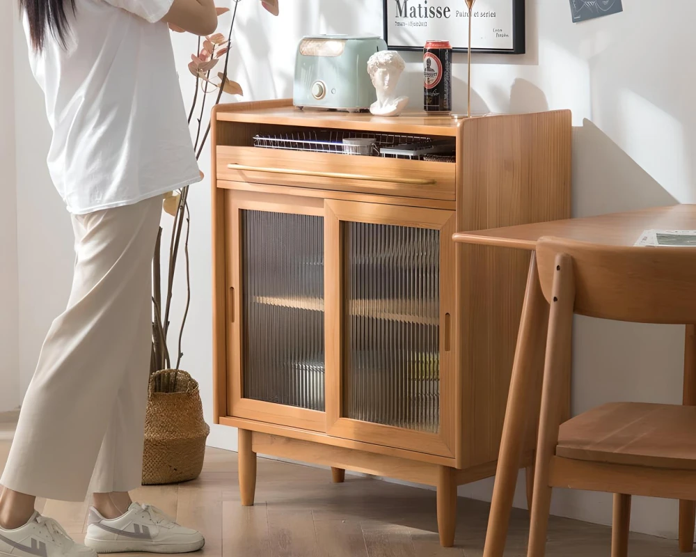 wooden sideboard with glass doors