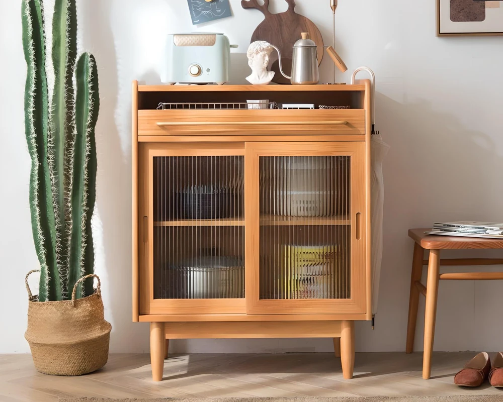 wooden sideboard with glass doors